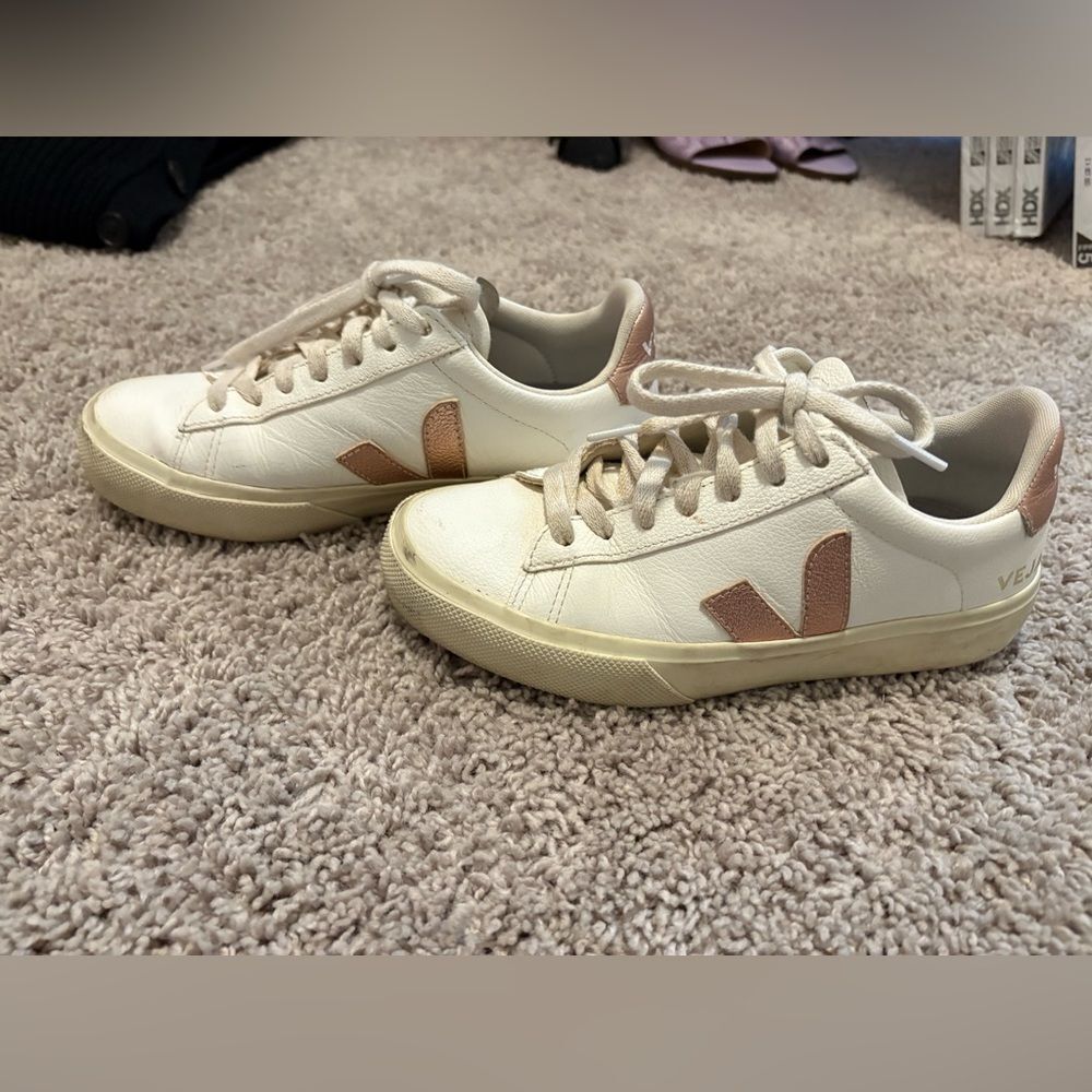 Veja Campo White Leather Sneaker with Pink Metallic  V